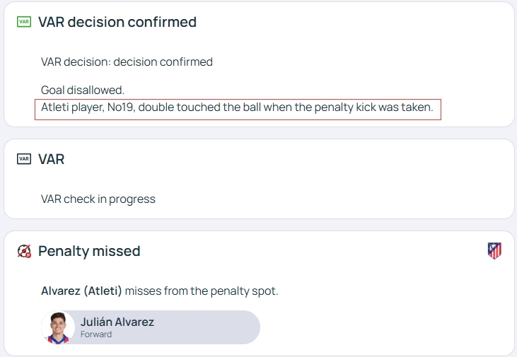 官方明確！歐冠官網(wǎng)：阿爾瓦雷斯罰點(diǎn)時(shí)2次觸球，VAR決定進(jìn)球無效
